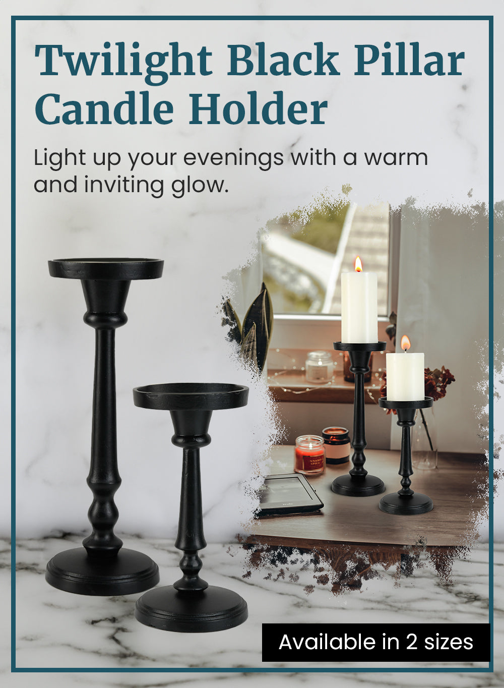 Twilight Black Pillar Candle Holder, in 2 sizes