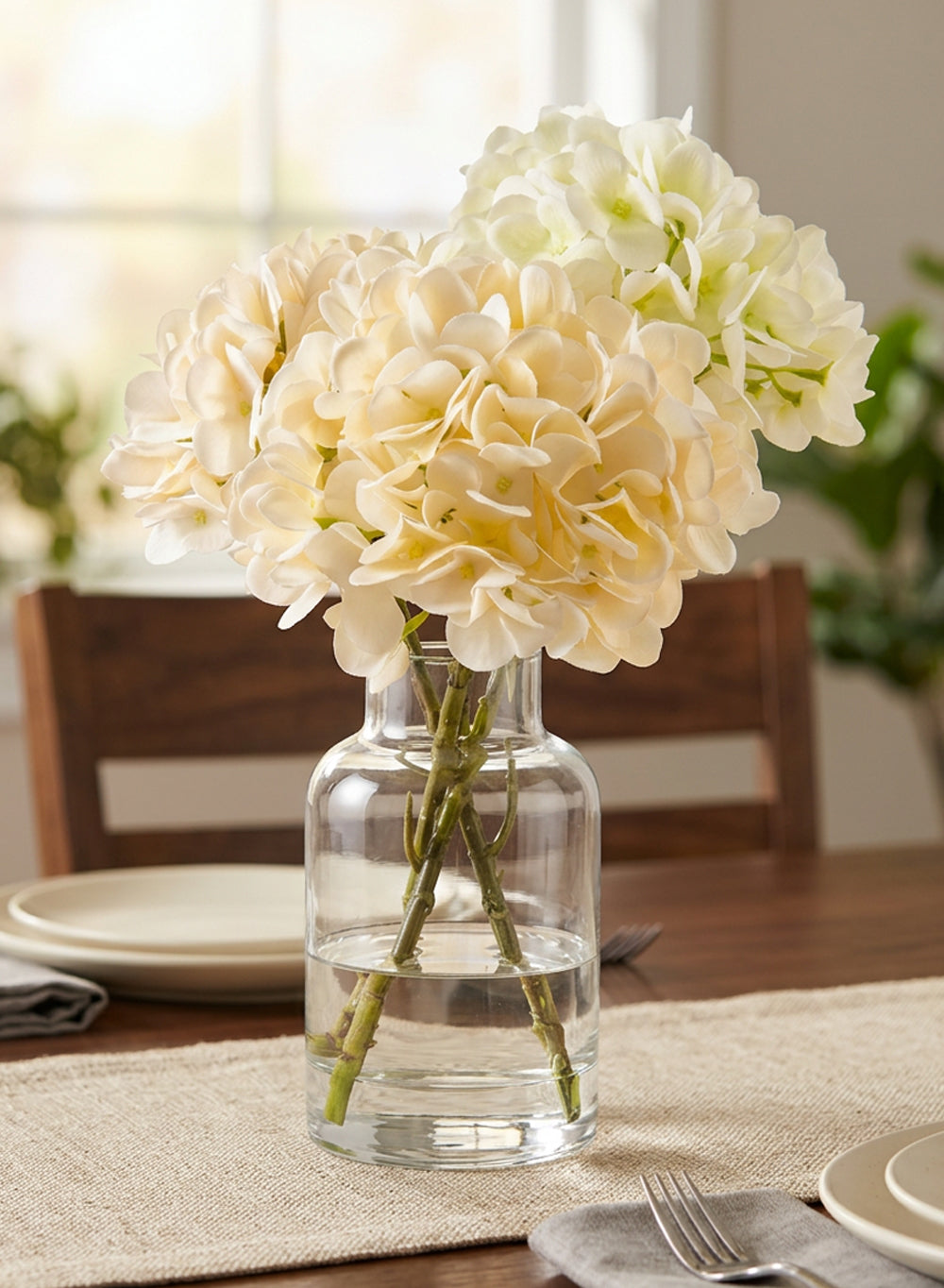 Artificial Hydrangea Flowers in Glass Vase, 4" Diameter & 14" Tall