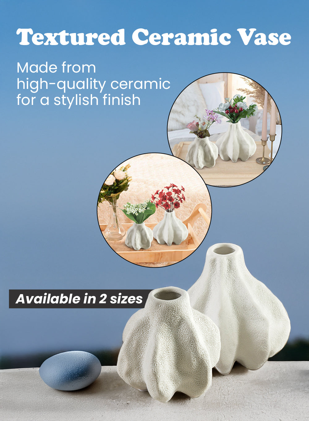 Textured Ceramic Vase – Coastal-Inspired Flower Holder, Elegant Home Decor Centerpiece