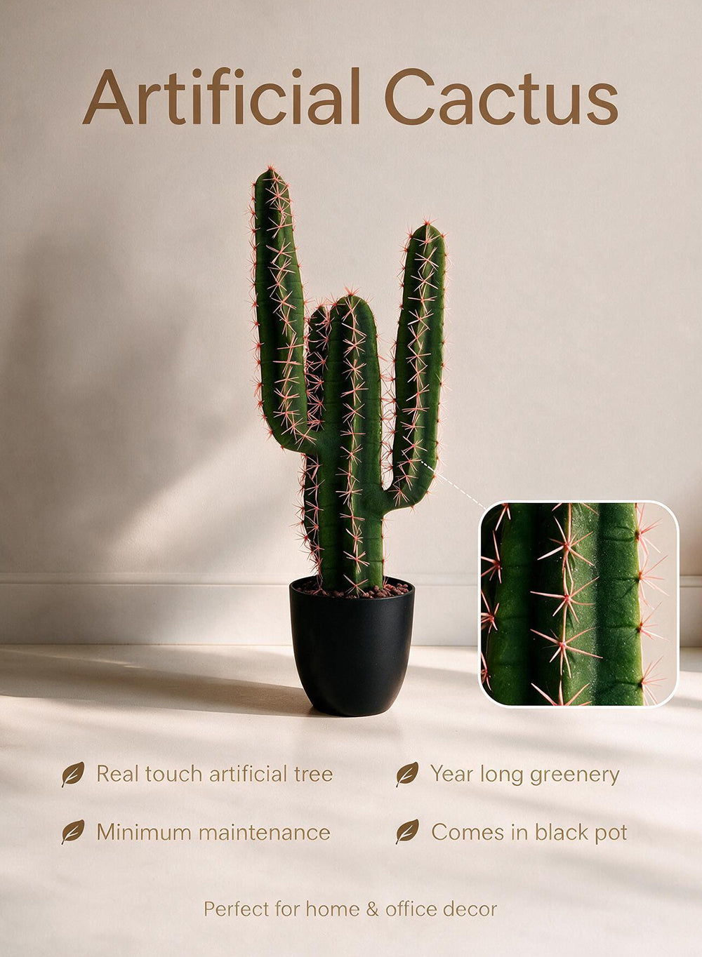 Desert Noir Faux Cactus in Black Pot, 6" Diameter & 26.5" Tall