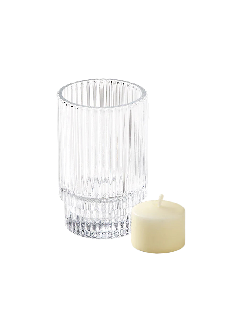 Bundle: Clear Ribbed Glass Votive Holders with Ivory Votive Candles