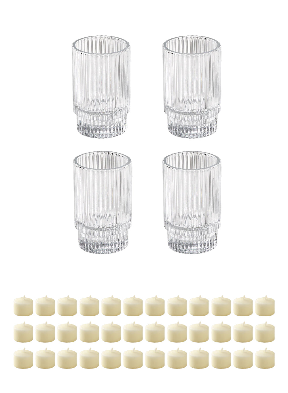 Bundle: Clear Ribbed Glass Votive Holders with Ivory Votive Candles