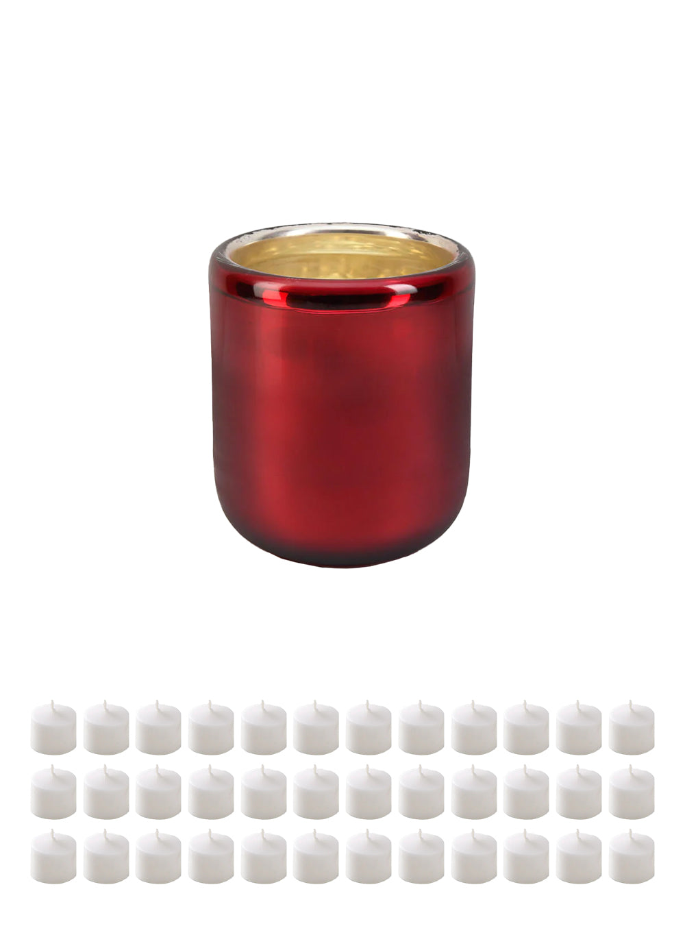 Bundle: Red Mercury Glass Candle Holders with White Votive Candles