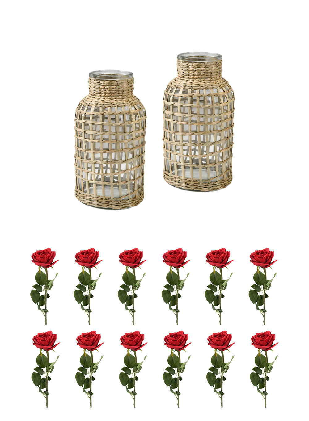 Bundle: Red Silk Roses (Pack of 12) with Rattan Glass Vases (Pack of 2)