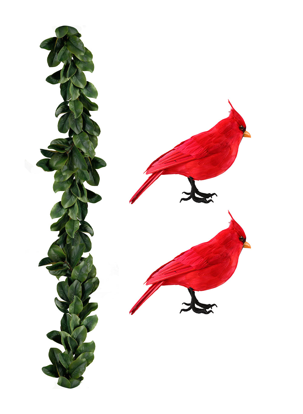 Bundle: Red Cardinal Ornaments & Magnolia Leaf Garland – Festive Christmas Décor Set