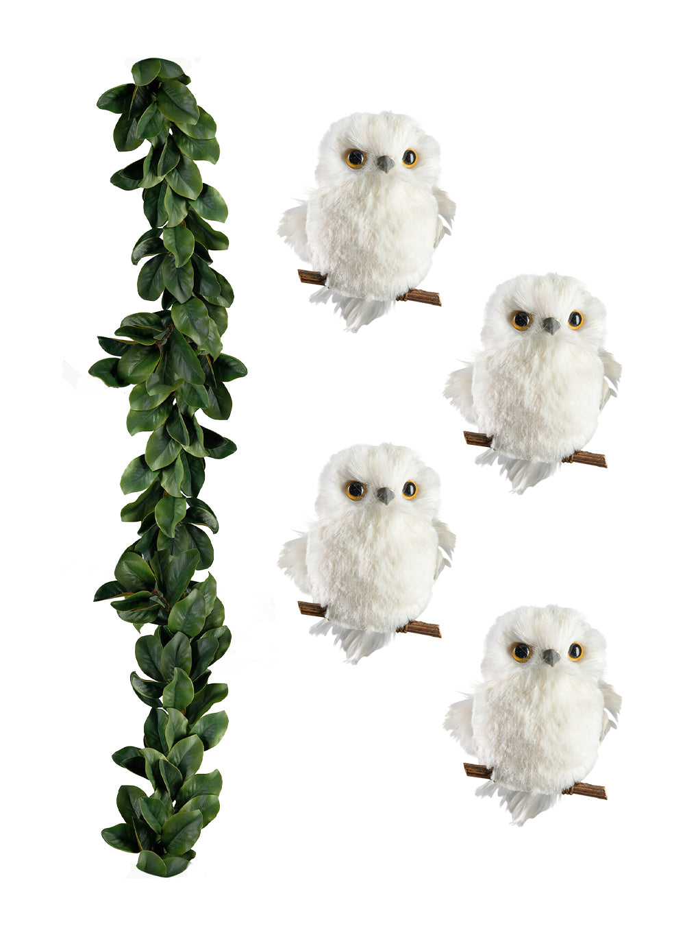 Bundle: Snowy Owl Ornaments & Magnolia Leaf Garland – Winter Christmas Décor Set