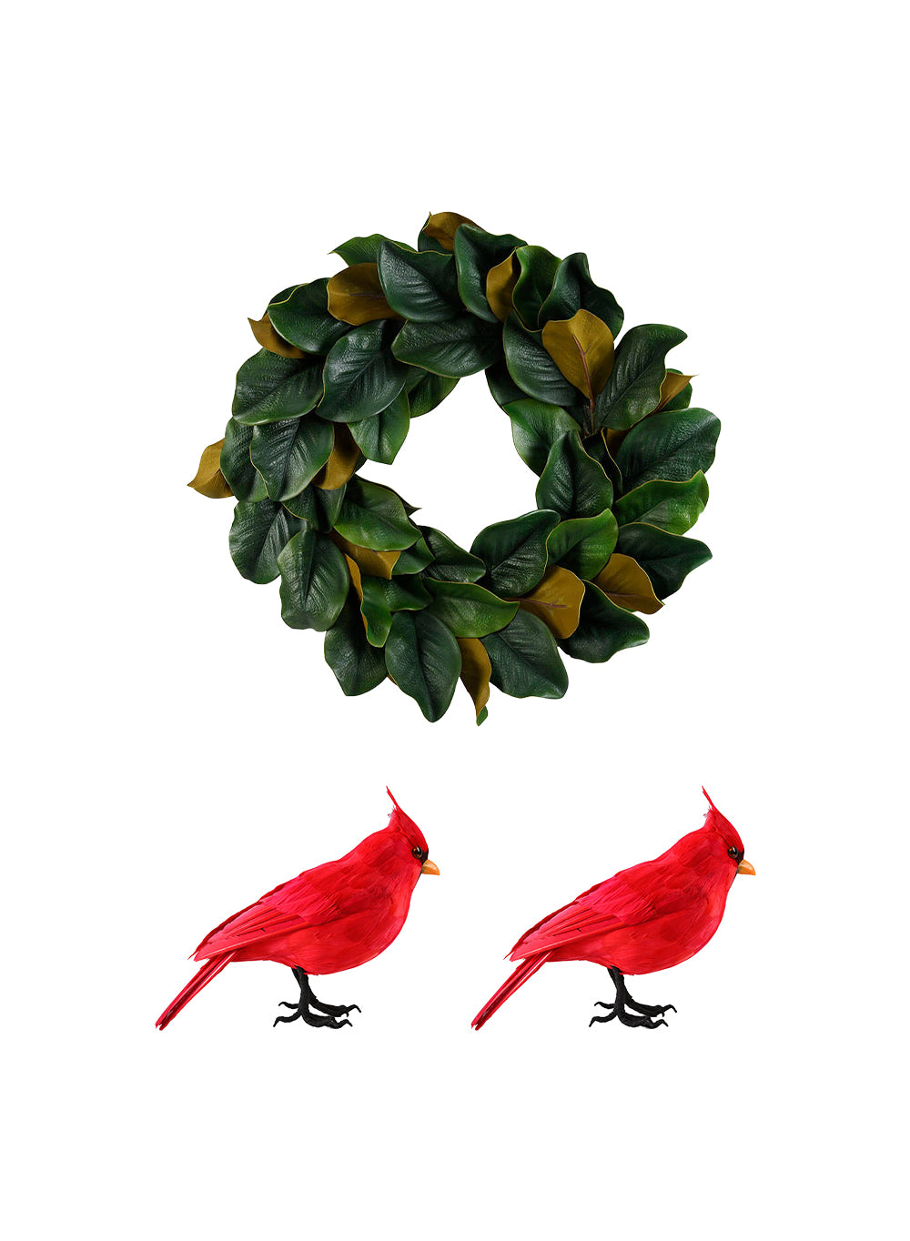 Bundle: Red Cardinal Christmas Ornaments & Green & Brown Magnolia Wreath – Festive Holiday Décor Set
