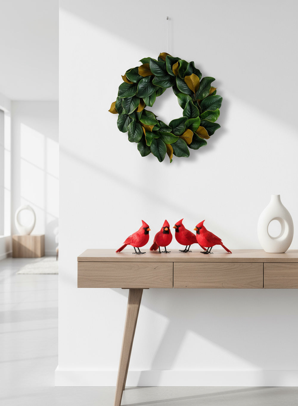 Bundle: Red Cardinal Christmas Ornaments & Green & Brown Magnolia Wreath – Festive Holiday Décor Set