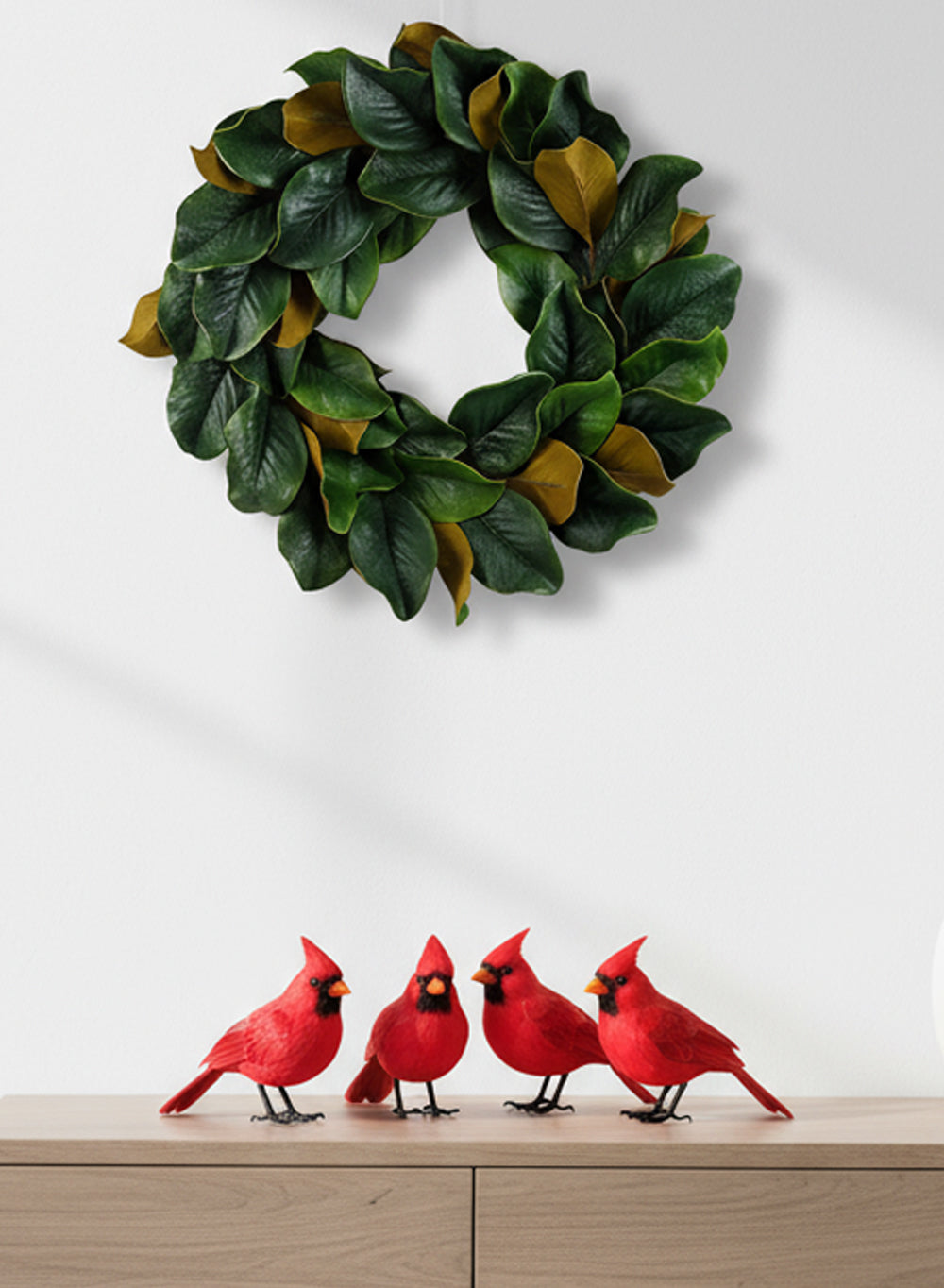 Bundle: Red Cardinal Christmas Ornaments & Green & Brown Magnolia Wreath – Festive Holiday Décor Set
