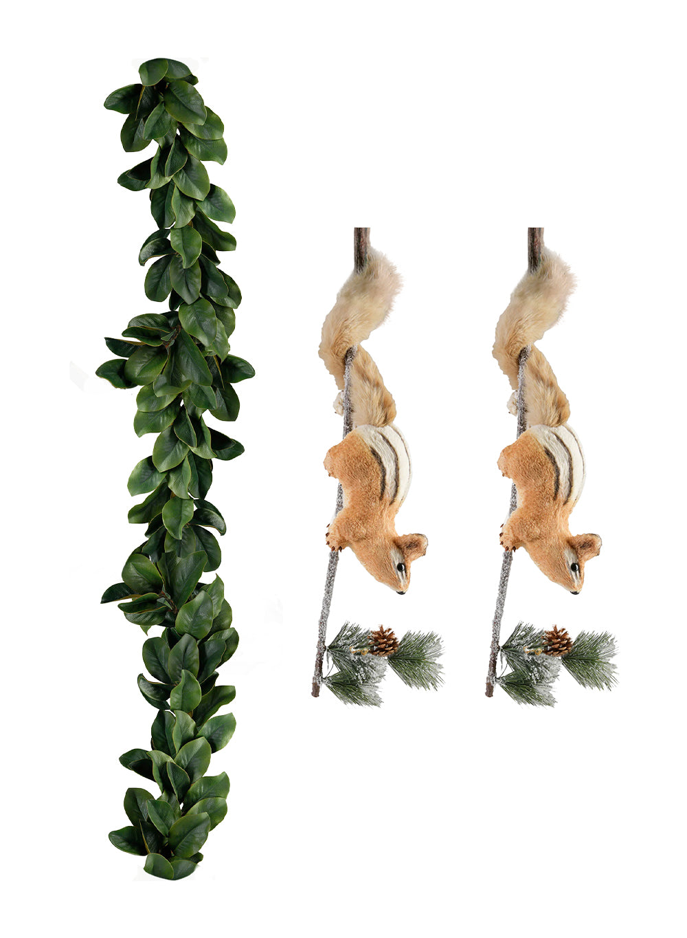 Bundle: Lifelike Chipmunks on a Branch & Magnolia Leaf Garland – Rustic Woodland Christmas Décor Set