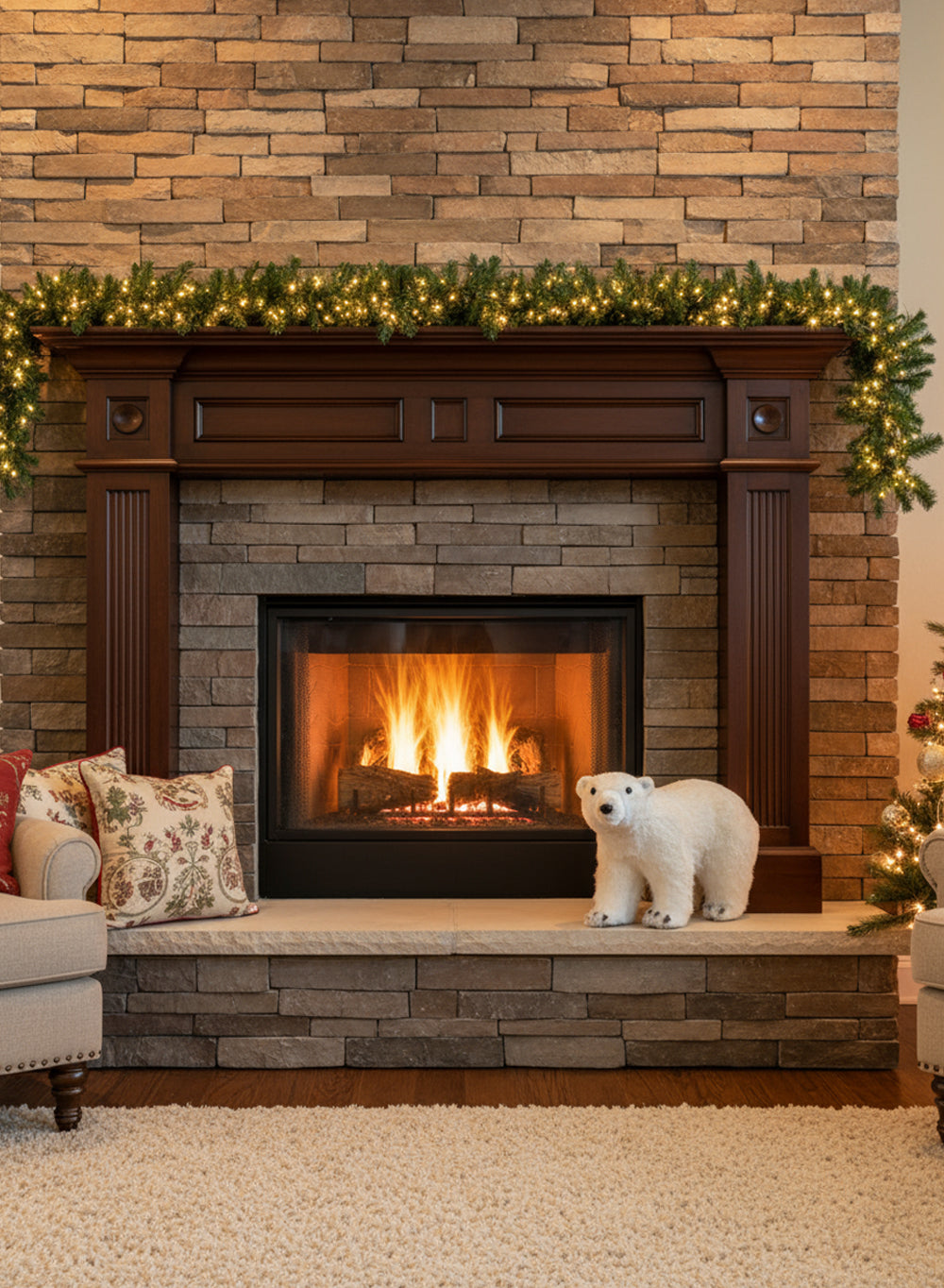 Bundle: 70" Pre-Lit Christmas Garland with 200 Warm White Lights & Walking Polar Bear Figurine – Winter Holiday Décor Set