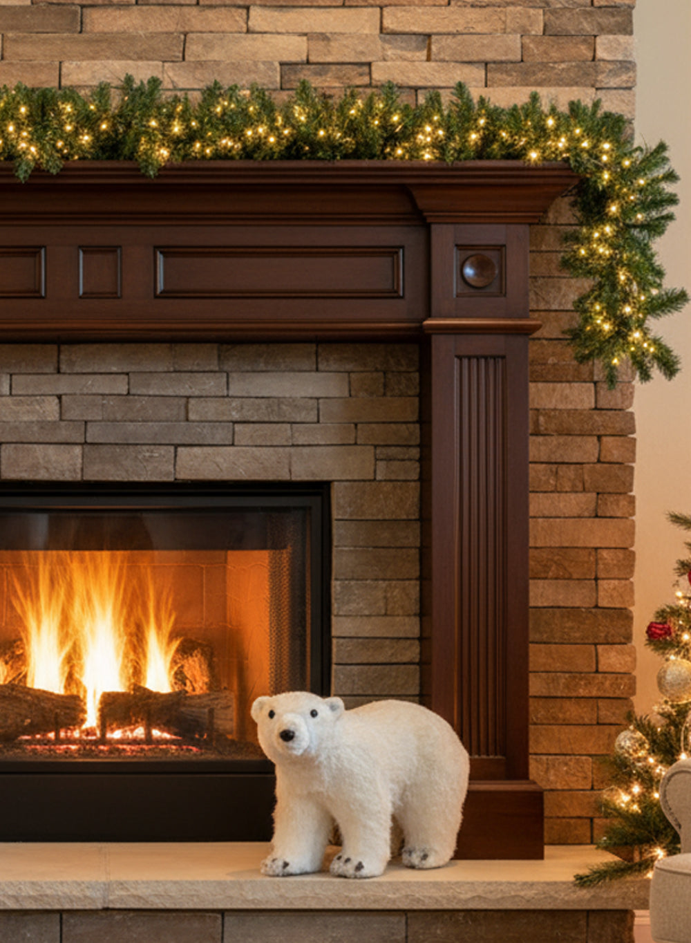 Bundle: 70" Pre-Lit Christmas Garland with 200 Warm White Lights & Walking Polar Bear Figurine – Winter Holiday Décor Set