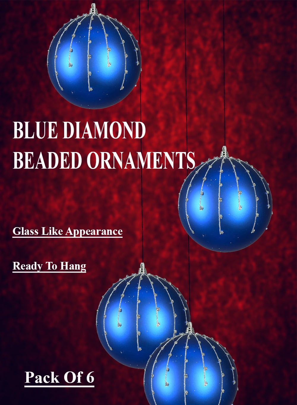 6" Blue Diamond Beaded Ornaments, Pack of 6
