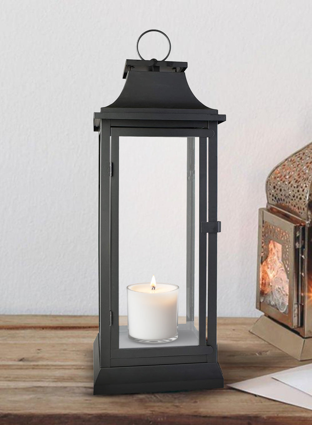 Bundle: Black & White Hurricane Lanterns with Clear Glass Panels