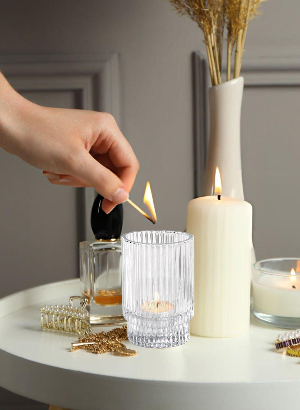 Ribbed Glass Votive Holder, In 2 Colors & Sizes