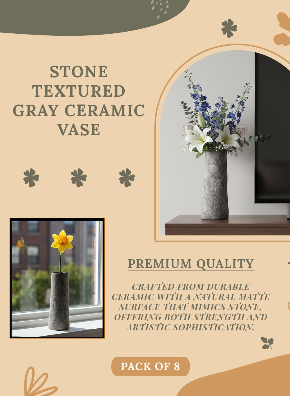 Stone Textured Gray Ceramic Vase, Available in 2 Sizes