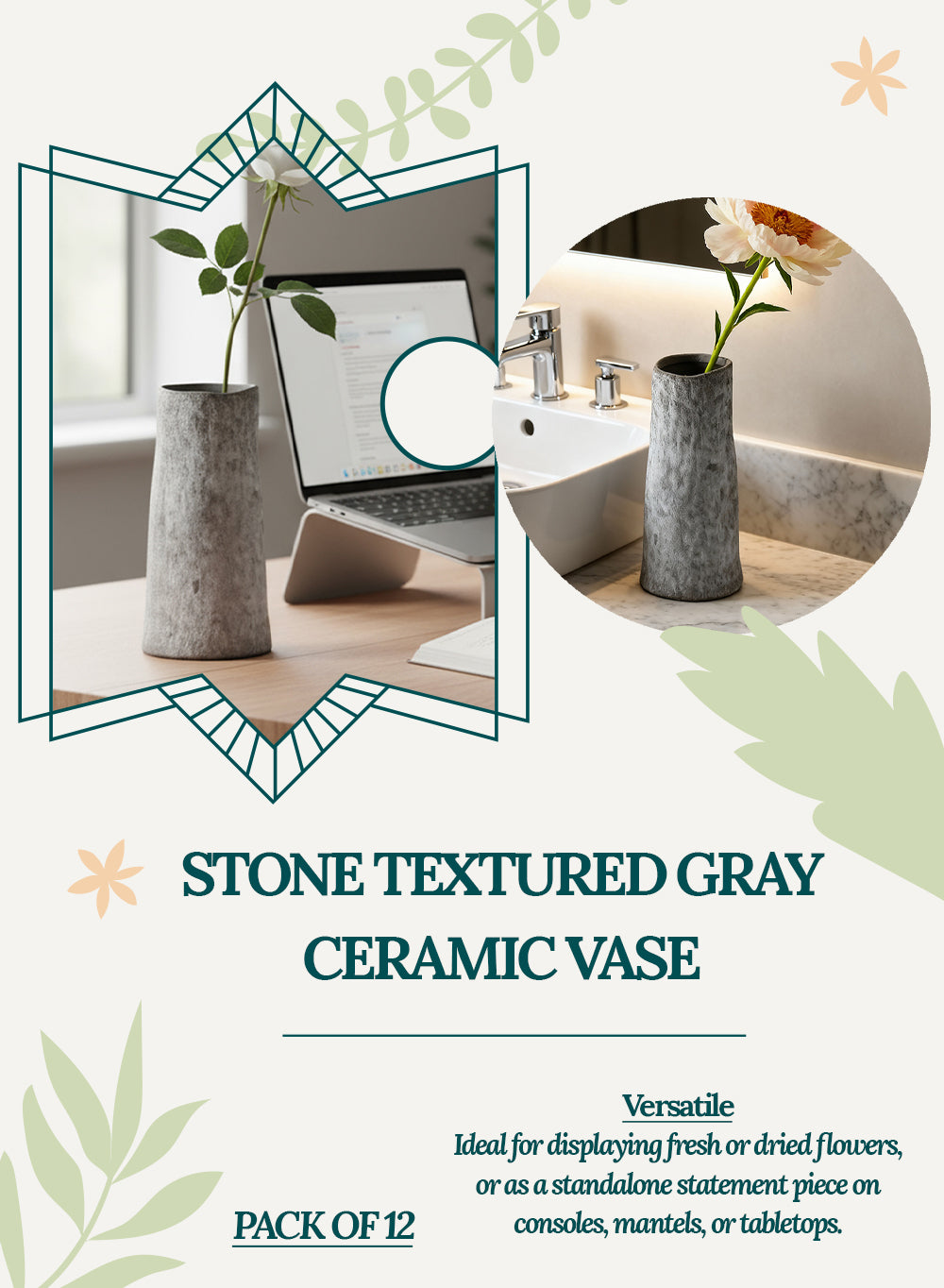 Stone Textured Gray Ceramic Vase, Available in 2 Sizes