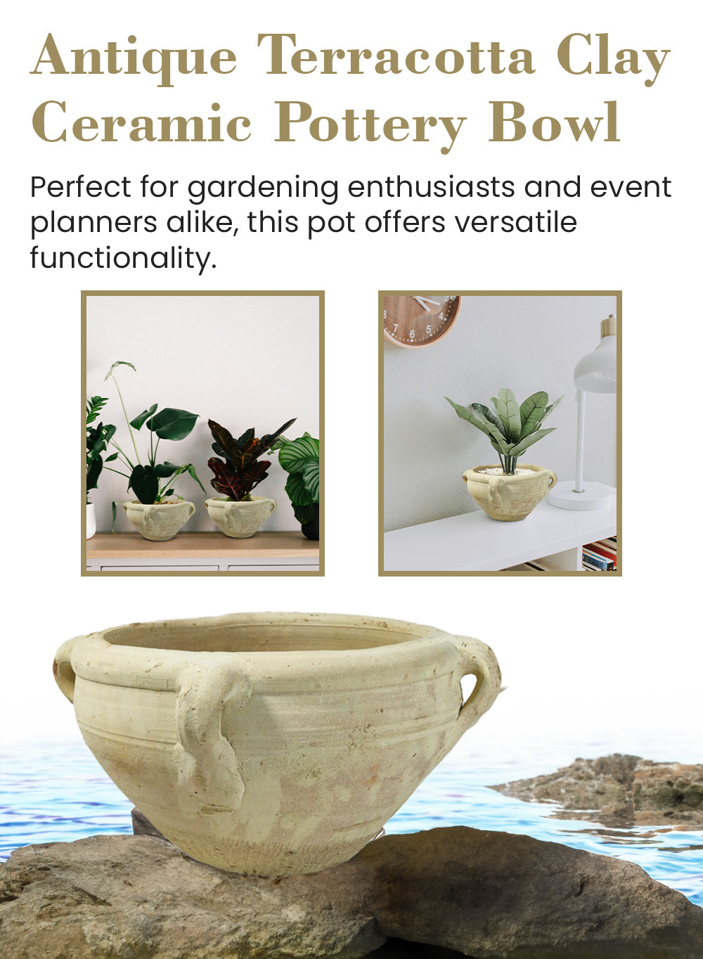 Serene Spaces Living, Antique Terracotta Clay Ceramic Pottery Bowl, 10 Inches x 5 Inches Vintage Decorative Bowls for Plants, Home Decor, and Events