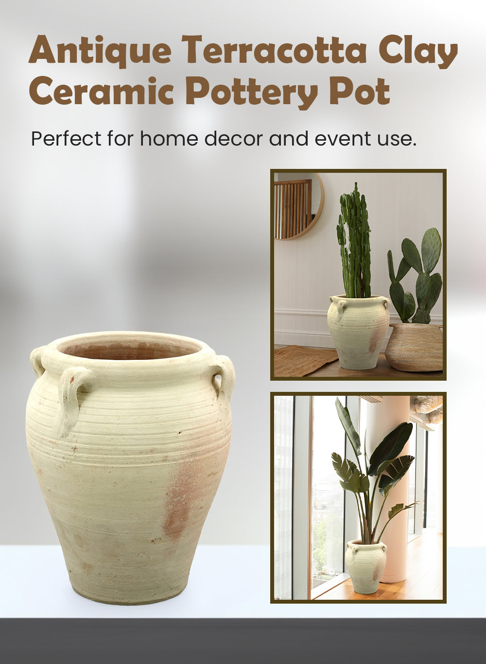 Serene Spaces Living, 16-inch Antique Terracotta Clay Ceramic Pottery Pot, Tall Decorative Vintage Clay Jar Pot for Plants, Home Decor, and Events