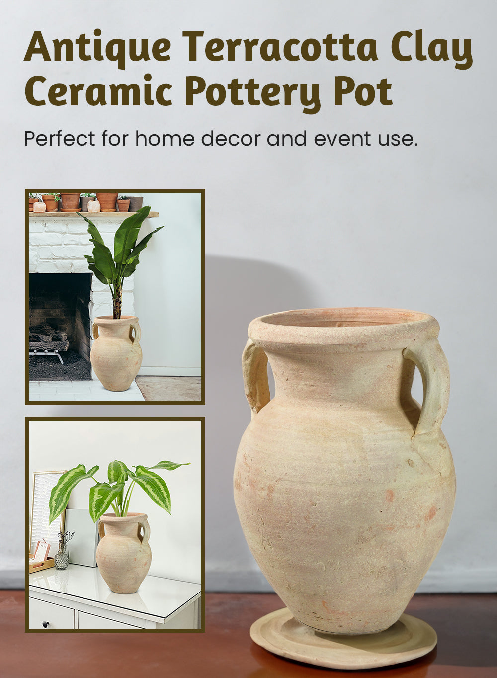 Serene Spaces Living, 12-Inch Antique Terracotta Clay Ceramic Pottery Pot with Handles, 2 Handled Decorative Vintage Pot for Plants, Home Decor, and Events