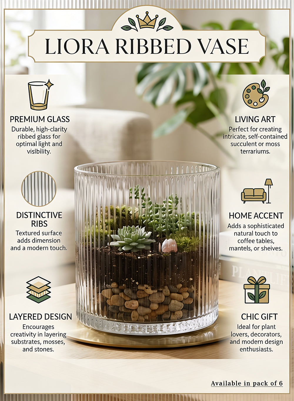 Liora Ribbed Vase, 5"Diameter x 6"Tall