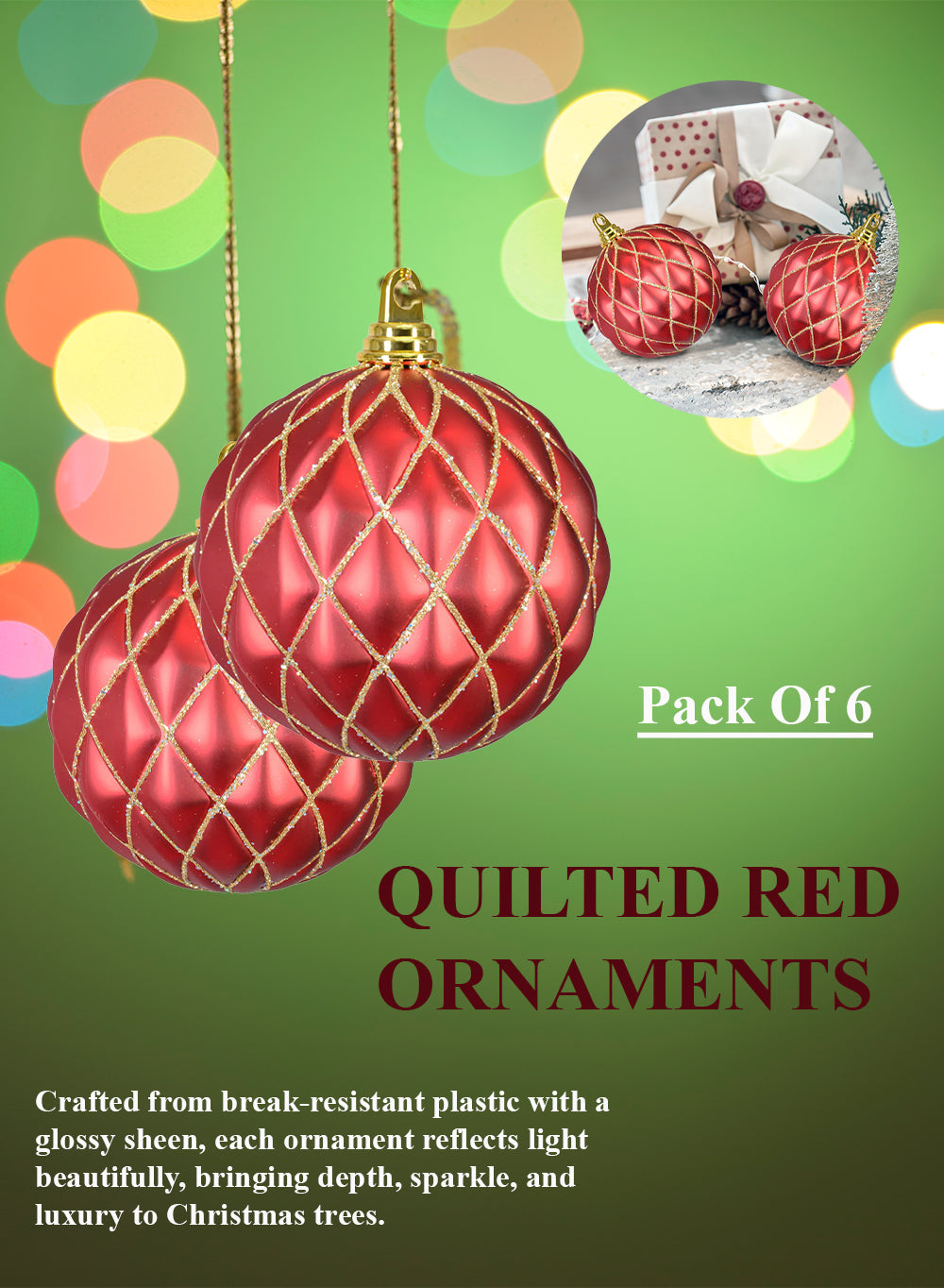 6" Quilted Red Ornaments, Pack of 6