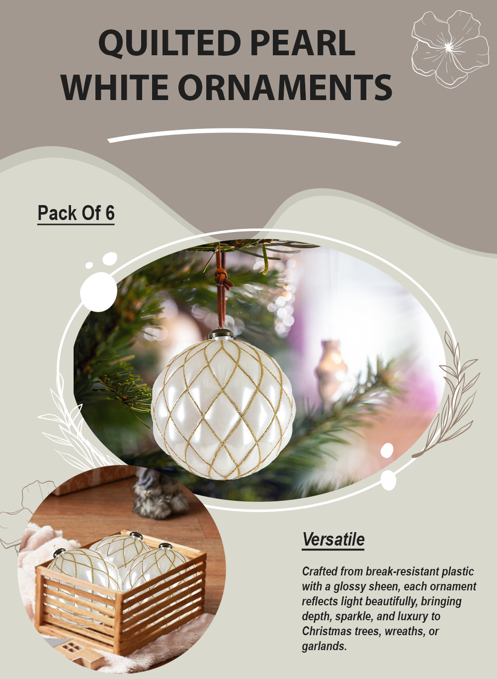 6" Quilted Pearl White Ornaments, Pack of 6