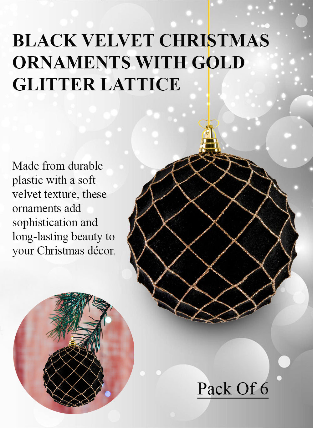 5" Black Velvet Christmas Ornaments, Pack of 6