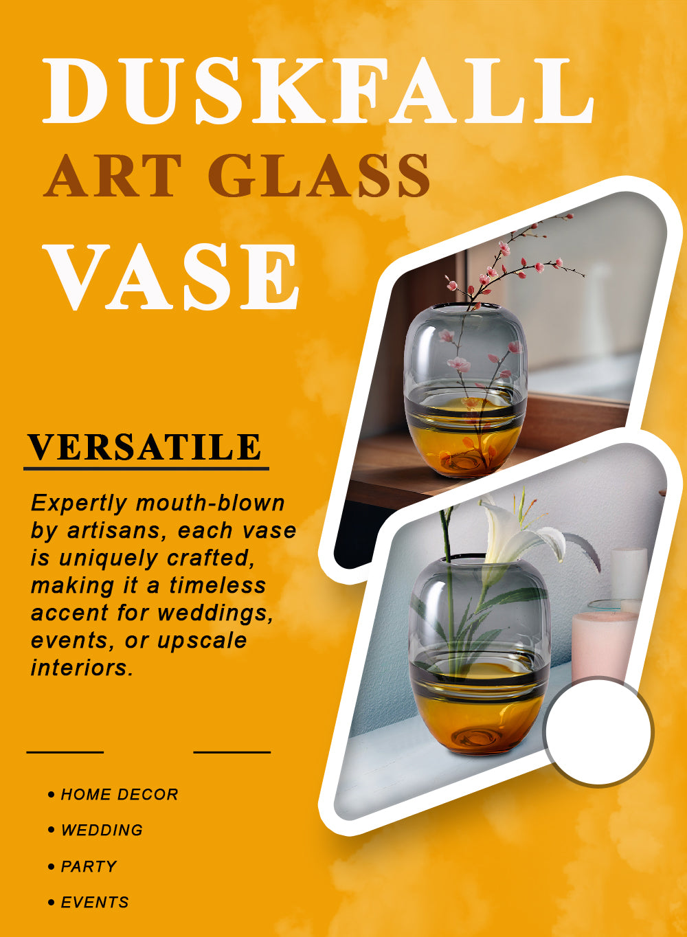 Duskfall Art Glass Vase, 6" Diameter & 8" Tall
