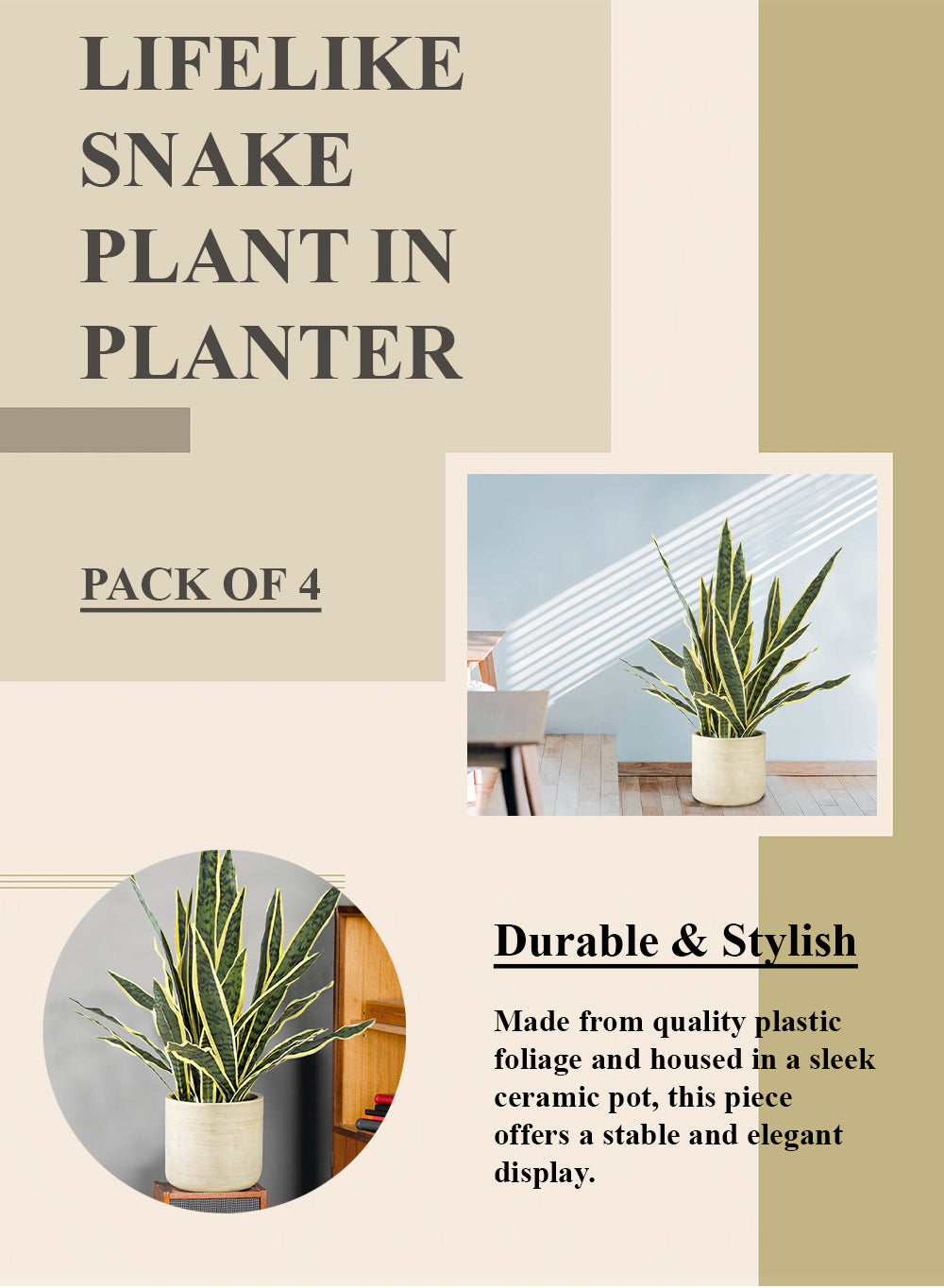 Lifelike Snake Plant in Ceramic Planter, 7" Diameter & 27.5" Tall