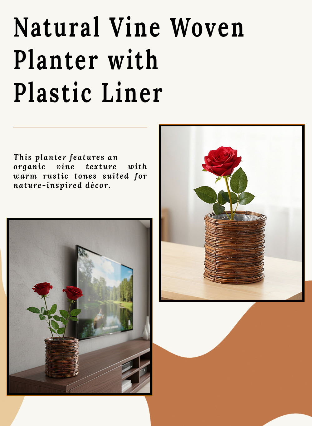 Natural Vine Woven Planter with Plastic Liner Collection