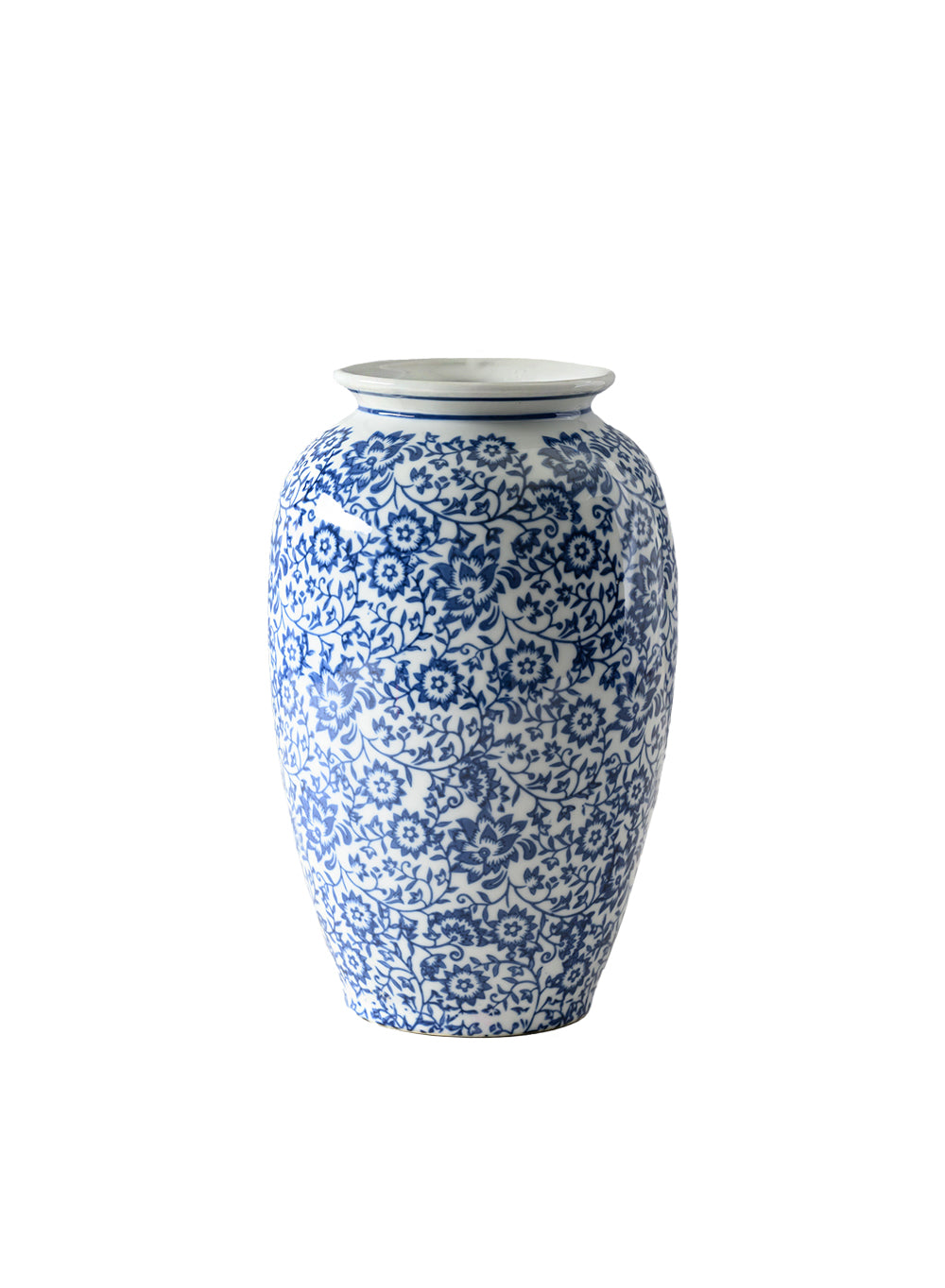 Ming Blossom Blue/White Ceramic Vase, 6.5" Diameter & 11" Tall