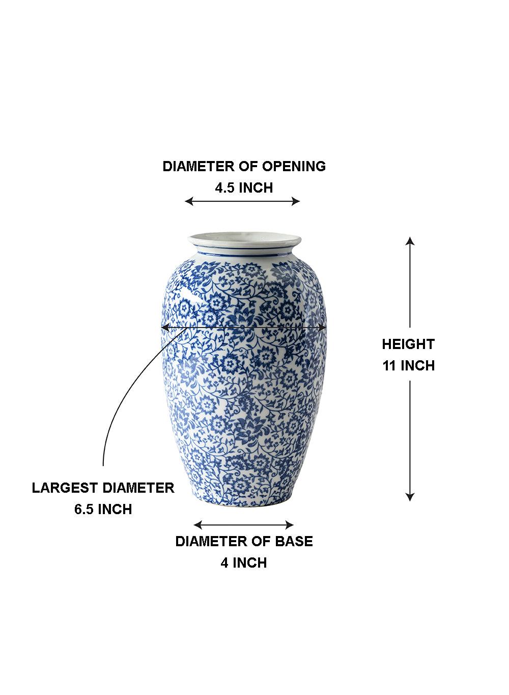 Ming Blossom Blue/White Ceramic Vase, 6.5" Diameter & 11" Tall