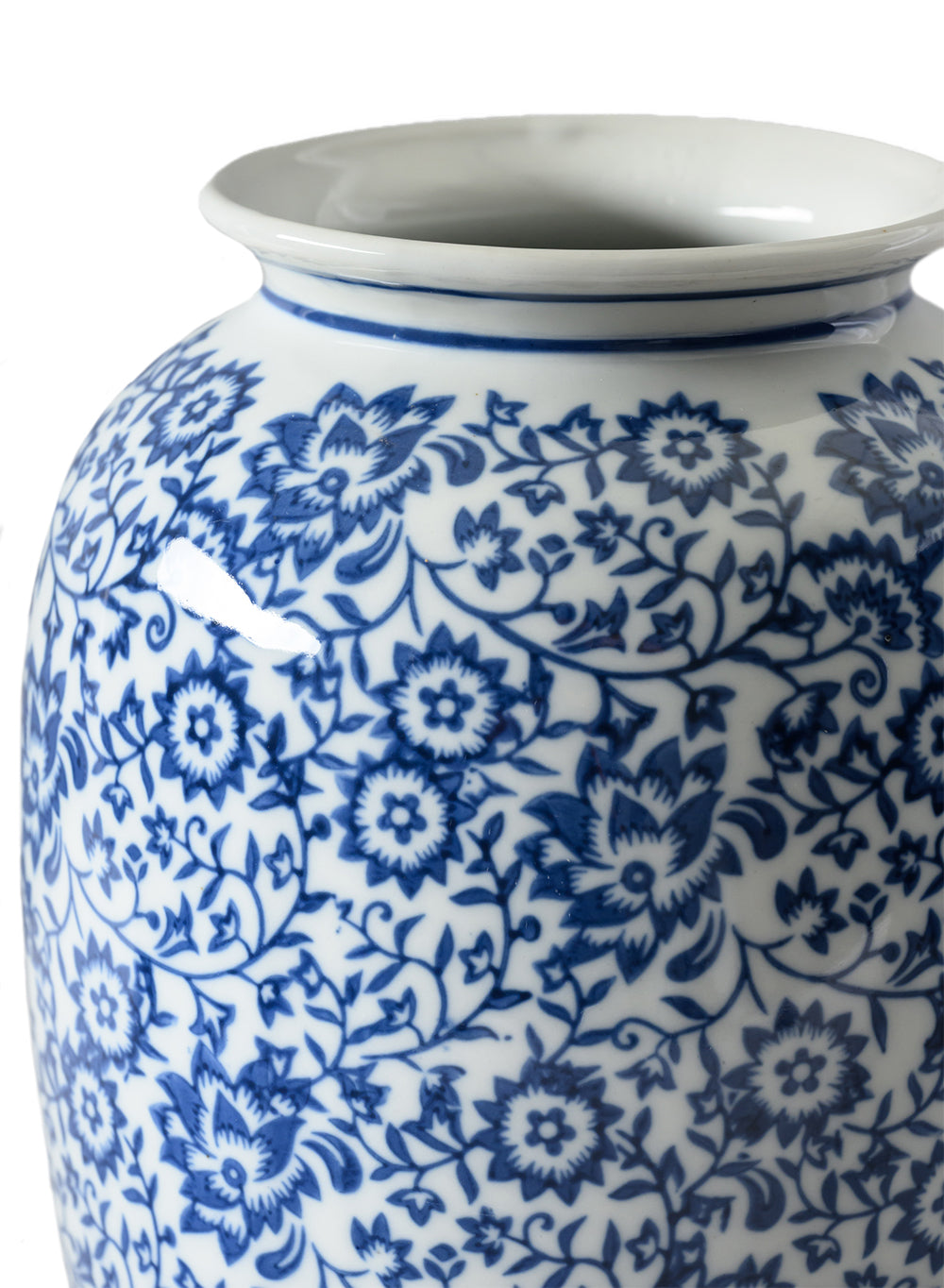 Ming Blossom Blue/White Ceramic Vase, 6.5" Diameter & 11" Tall