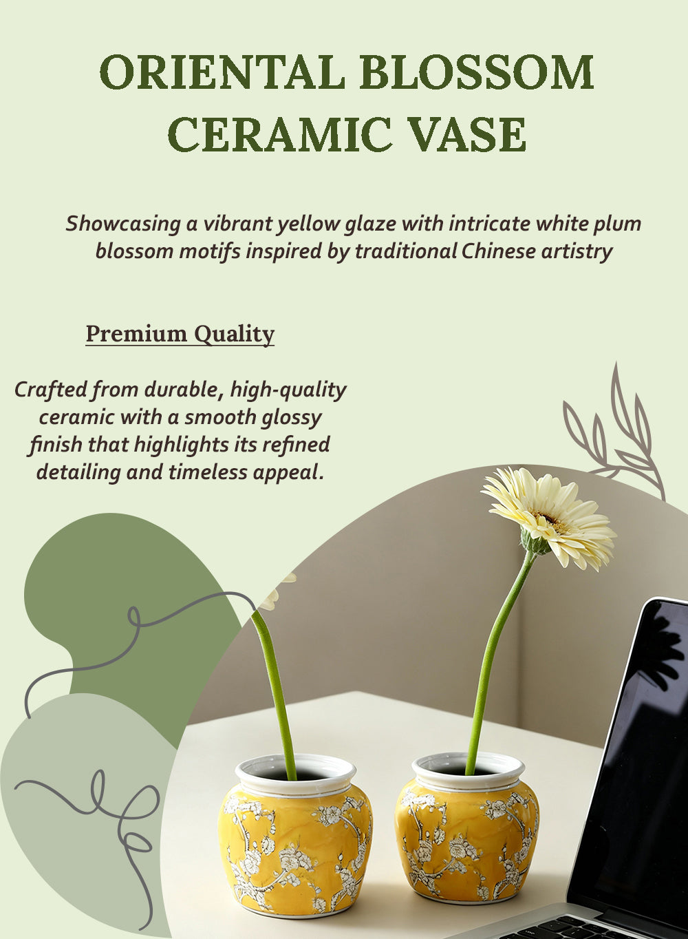 Oriental Blossom Ceramic Vase, 6" Diameter & 6" Tall