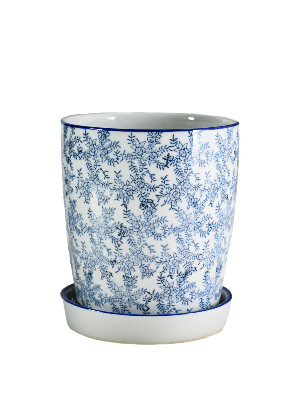 Ming Blossom Blue & White Ceramic Planter with Saucer, 8" Diameter & 8" Tall
