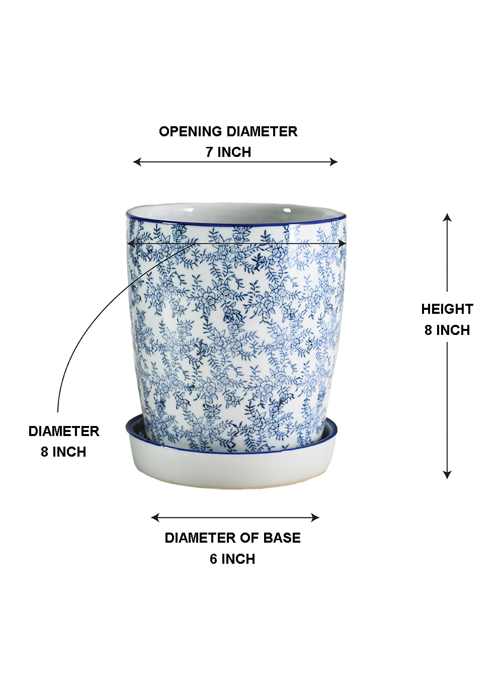 Ming Blossom Blue & White Ceramic Planter with Saucer, 8" Diameter & 8" Tall