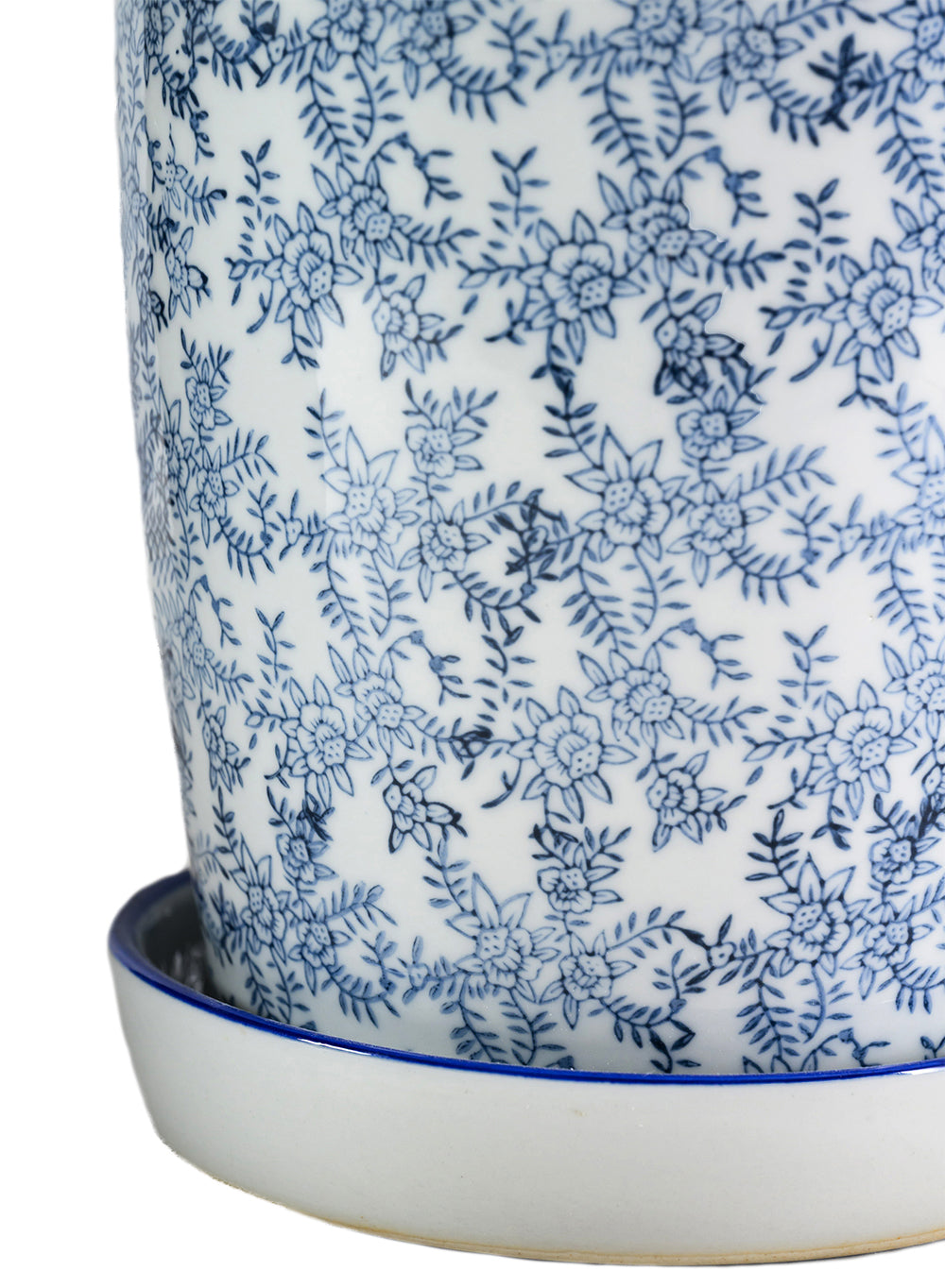 Ming Blossom Blue & White Ceramic Planter with Saucer, 8" Diameter & 8" Tall