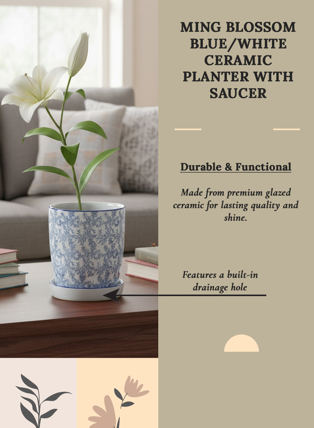 Ming Blossom Blue & White Ceramic Planter with Saucer, 8" Diameter & 8" Tall