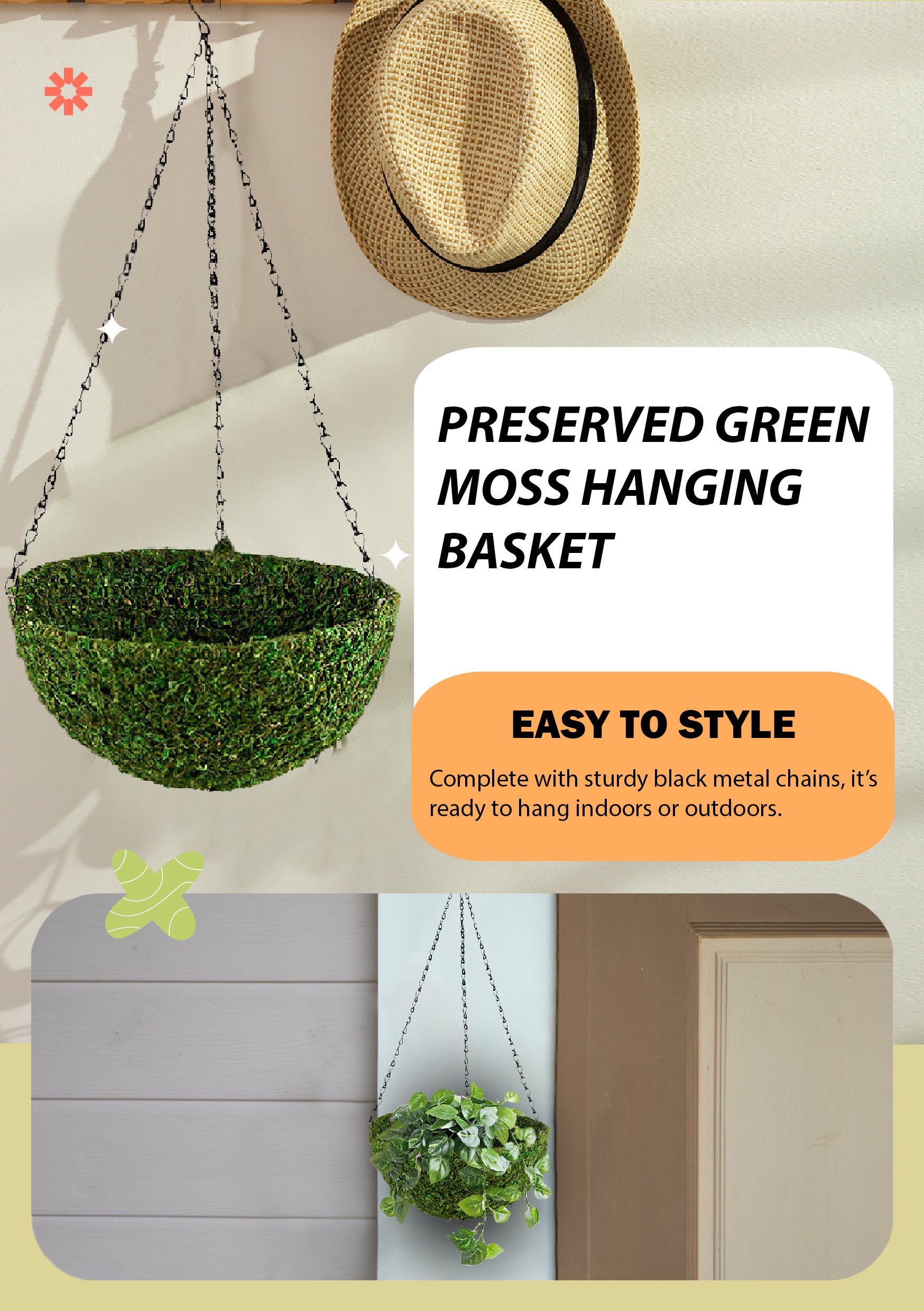 Preserved Green Moss Hanging Basket, 12.5" Diameter & 5" Tall