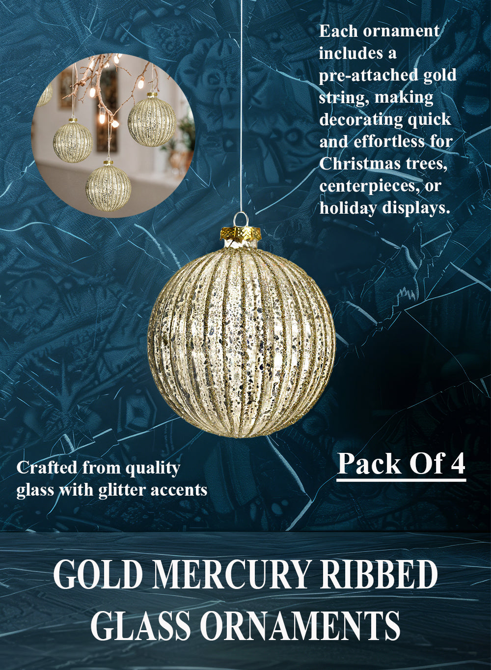 4" Gold Mercury Ribbed Glass Ornaments, Pack of 4