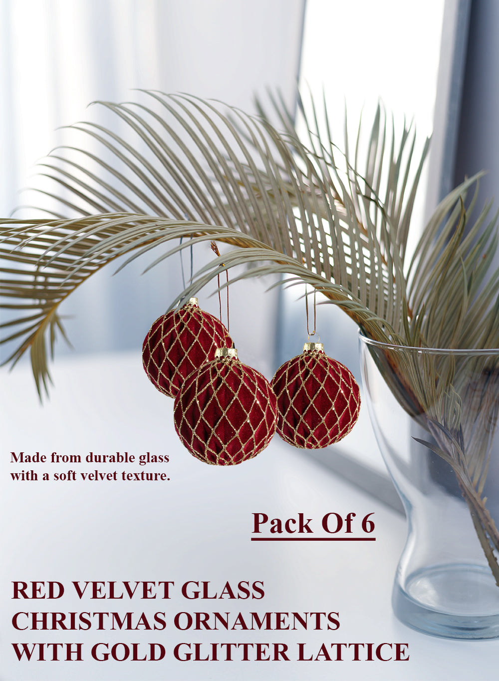3" Red Velvet Glass Christmas Ornaments, Pack of 6