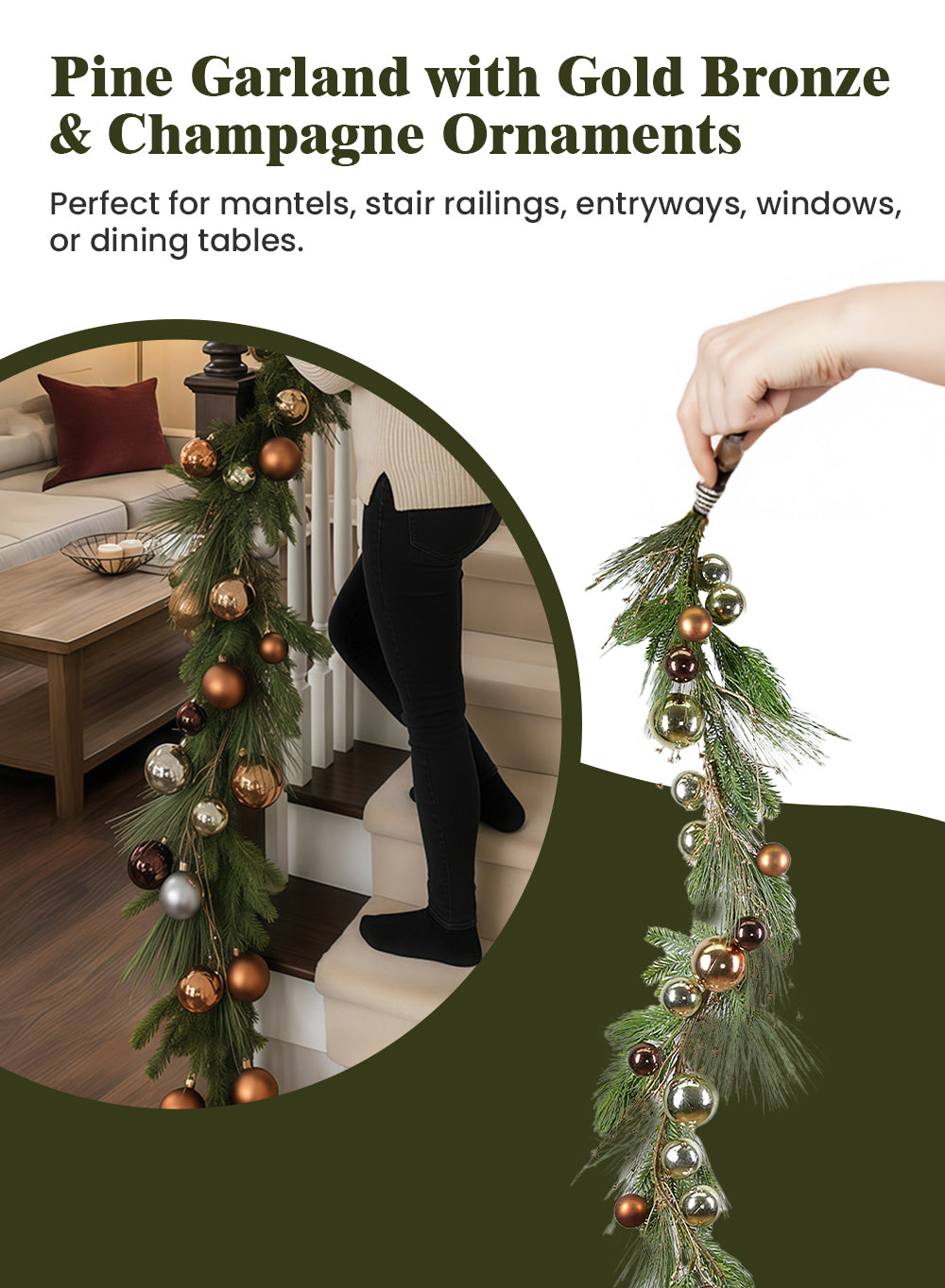 60" Pine Garland with Gold Bronze & Champagne Ornaments