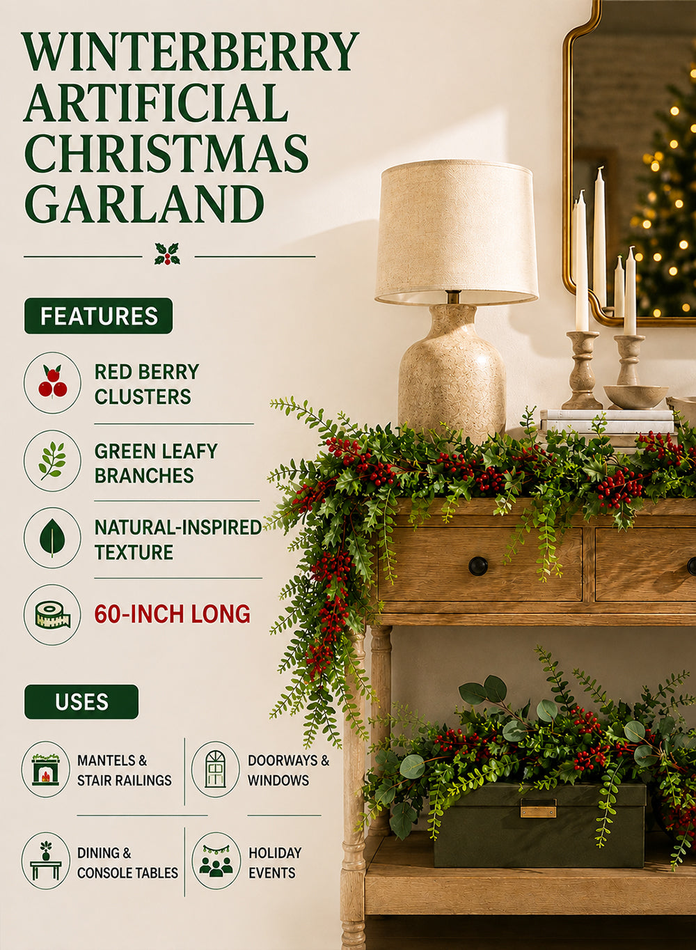 Winterberry Artificial Christmas Garland, 60" Long