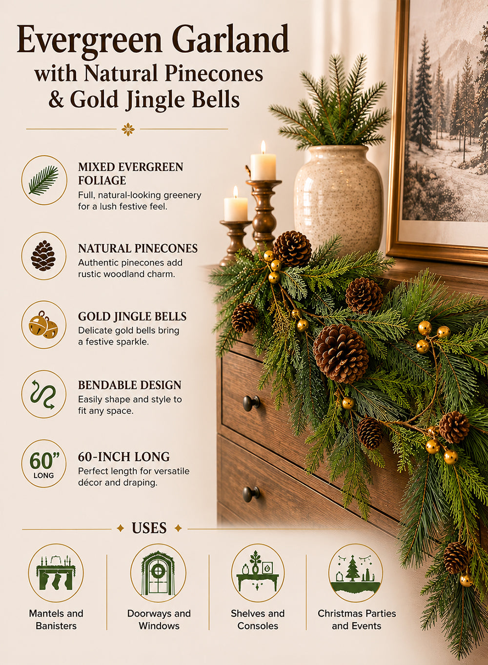 Evergreen Garland with Natural Pinecones & Gold Jingle Bells, 60" Long