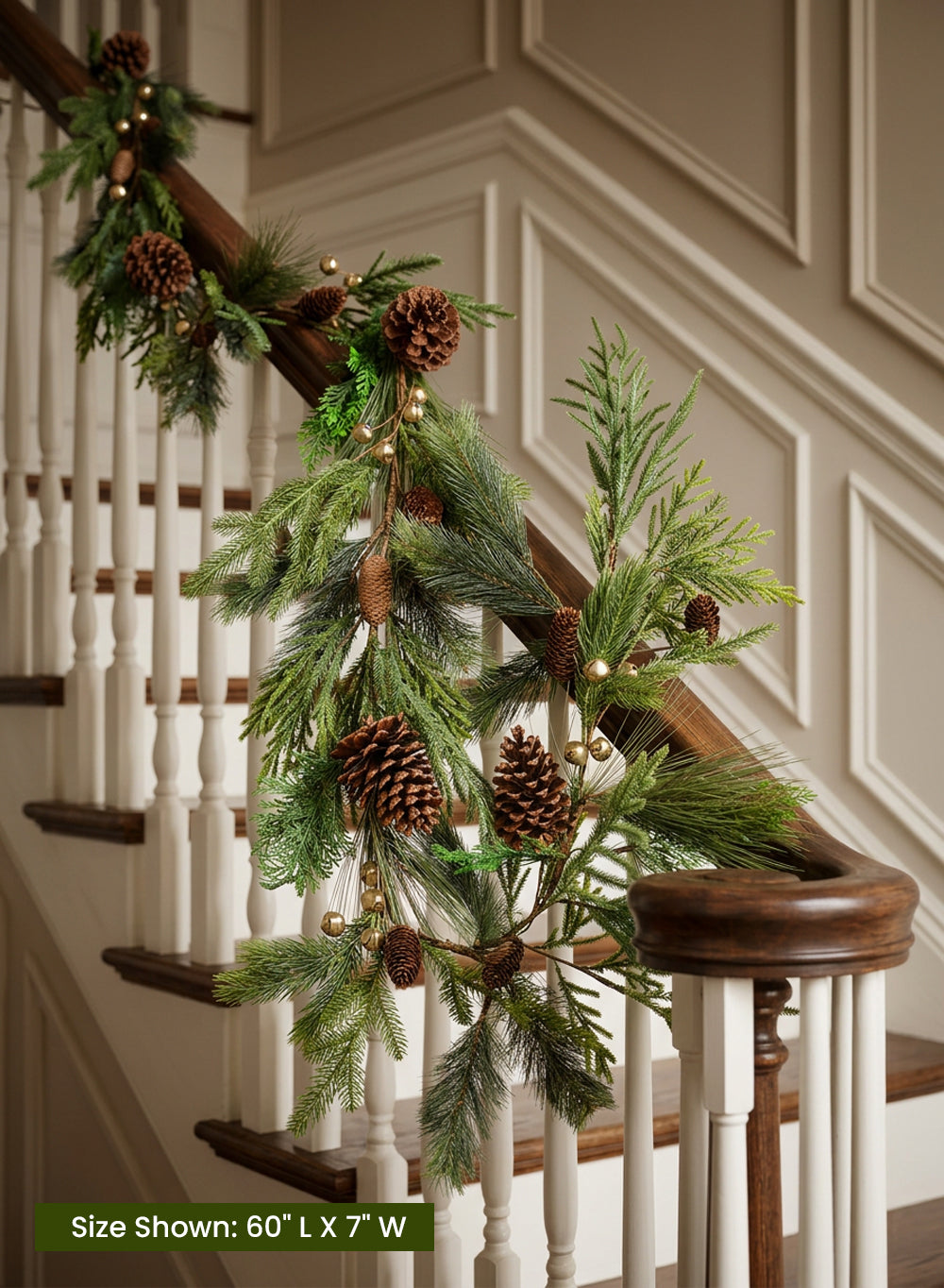 Evergreen Garland with Natural Pinecones & Gold Jingle Bells, 60" Long