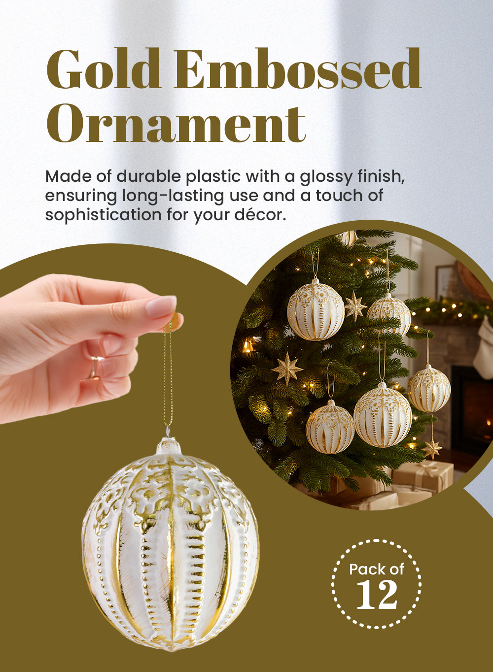Vintage Gold Embossed Plastic Christmas Ornament, 4" Diameter, Pack of 12