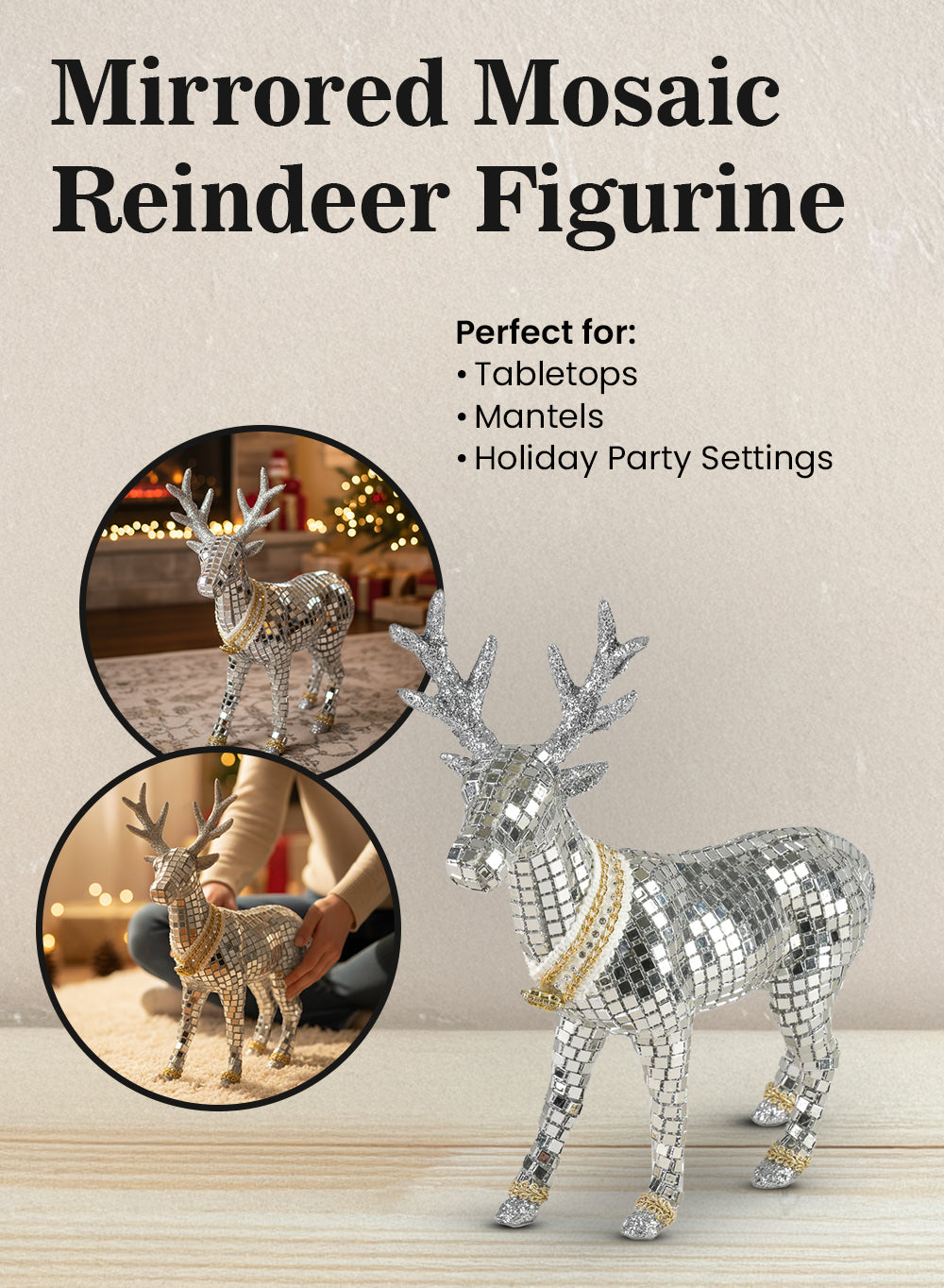 Mirrored Mosaic Reindeer Figurine, 10.5" Tall, 2" Wide & 9.5" Long