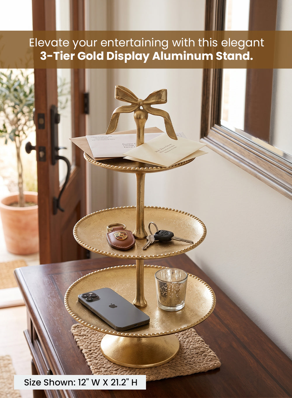 Maison Bow 3-Tier Gold Display Aluminum Stand, 12" Diameter & 21.2" Tall