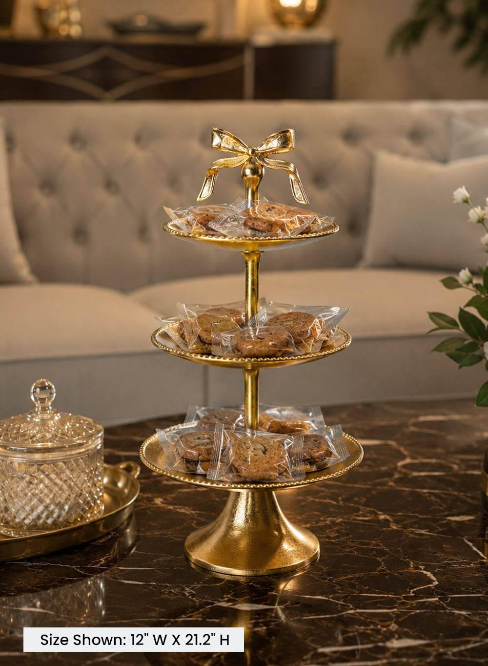 Maison Bow 3-Tier Gold Display Aluminum Stand, 12" Diameter & 21.2" Tall